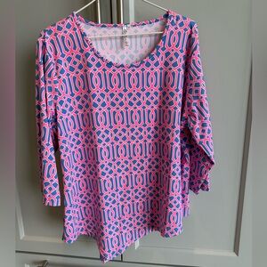 💘 Lulu-B Women’s XL Pink Blue 3/4 Sleeve Asymmetrical Hem UPF 50+ Top Blouse